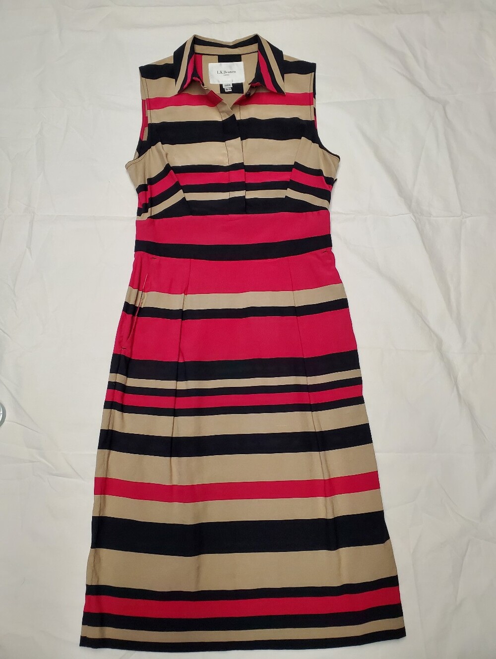 L.K. Bennett Martha Striped Shirt Dress US 4 UK 8 Sleeveless Navy Tan Pink Midi